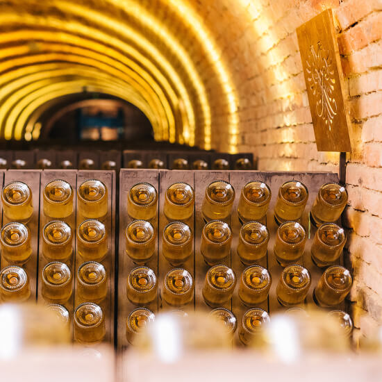 Kellermeister am Rüttelpult bei Kontrolle der Schlumberger Sektflaschen