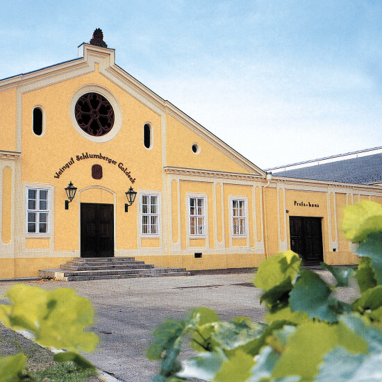 Aussenansicht des Schlumberger Champagnerkellers mit Blättern im Vordergrund