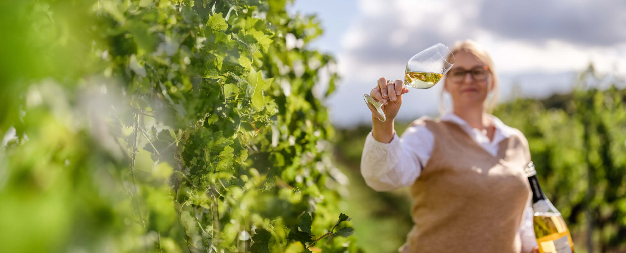 Frau begutachtet Weinglas zwischen Weinreben