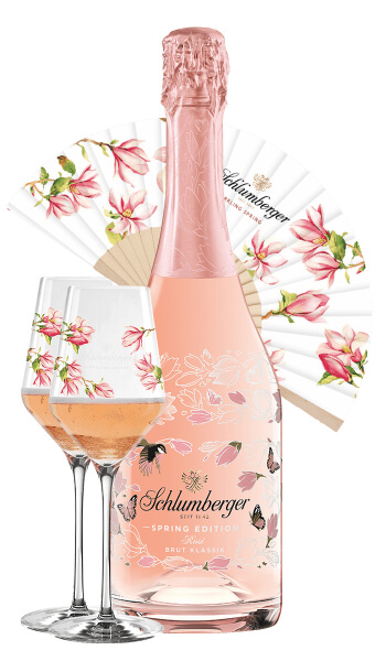Schlumberger Spring Edition 750ml Flasche mit 2 Sparkling Spring Gläsern und Fächer